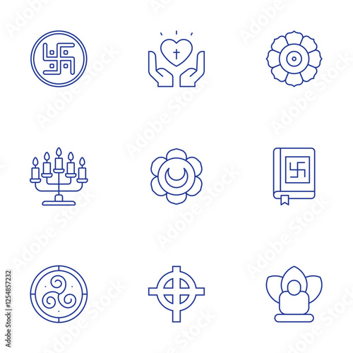Spirituality icons set. Thin Line style, editable stroke. faith, gnostic, mandala, meditation, menorah, svadhishthana, swastika, triskelion, vedas