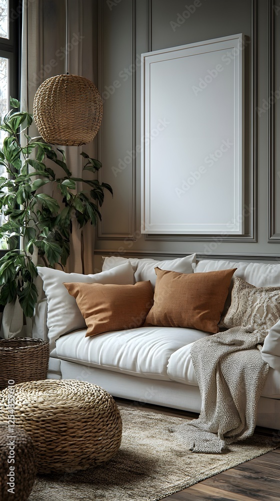 Obraz premium A modern, functional living space in a small Nordic apartment with a blank white frame on the wall.