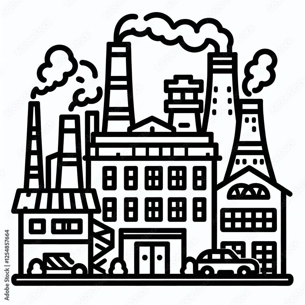 Minimalist Factory Icon Illustration in Black Outline: A Simple and Modern Symbol Representing Industrial Production, Manufacturing, Business, and Economic Growth on a White Background.