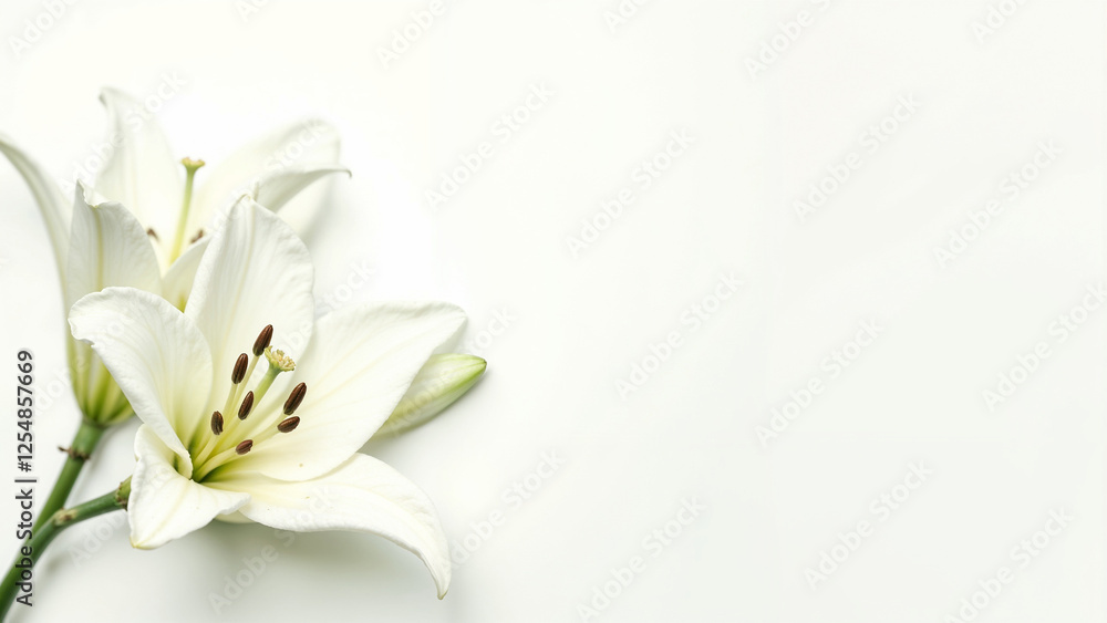 Elegant white lilies placed on a white background show off their delicate beauty in a tranquil setting. Elegant white lilies placed on a white background show off their delicate beauty in a tranquil setting.