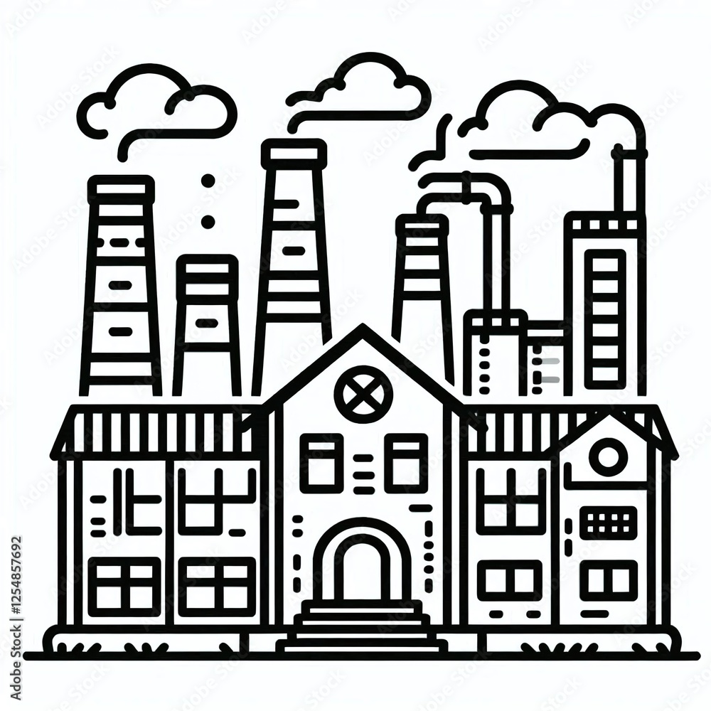 Fototapeta premium Minimalist Factory Icon Illustration in Black Outline: A Simple and Modern Symbol Representing Industrial Production, Manufacturing, Business, and Economic Growth on a White Background.