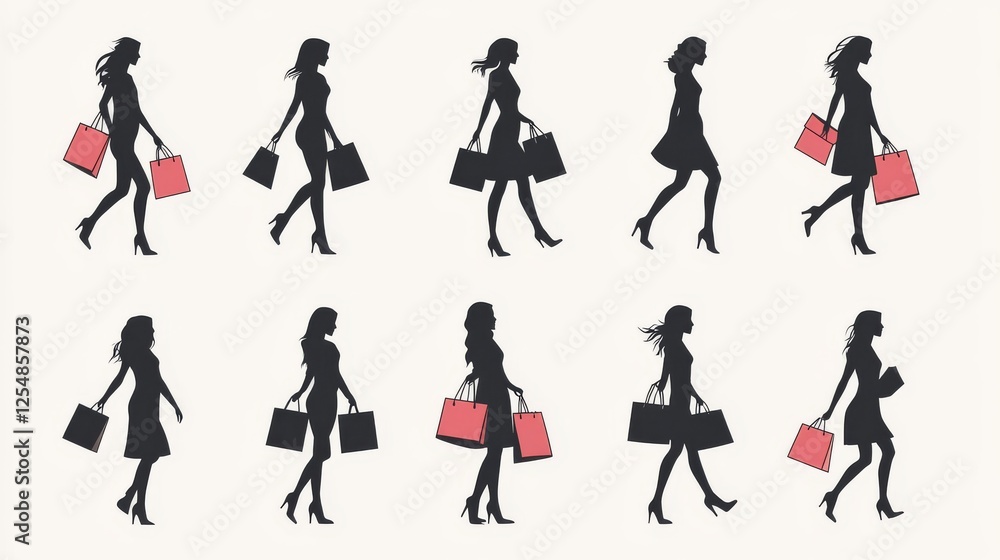Fototapeta premium modern shopping pictogram collection, stylish woman silhouettes, multiple walking poses, retail bags set, fashion figure illustrations, monochrome icon series, simple graphic design