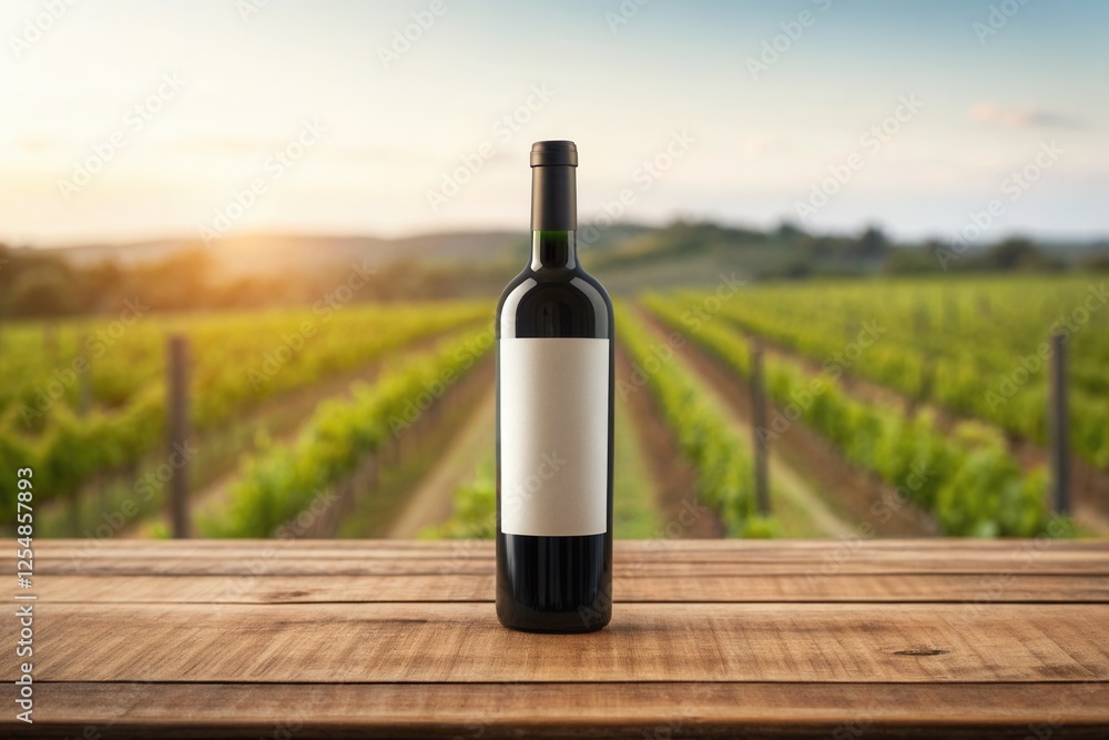 Fototapeta premium Bottle of wine mockup with blurred vineyard background, Blank label on wine bottle with winery farm in the morning