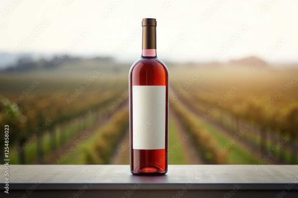 Fototapeta premium Bottle of wine mockup with blurred vineyard background, Blank label on wine bottle with winery farm in the morning