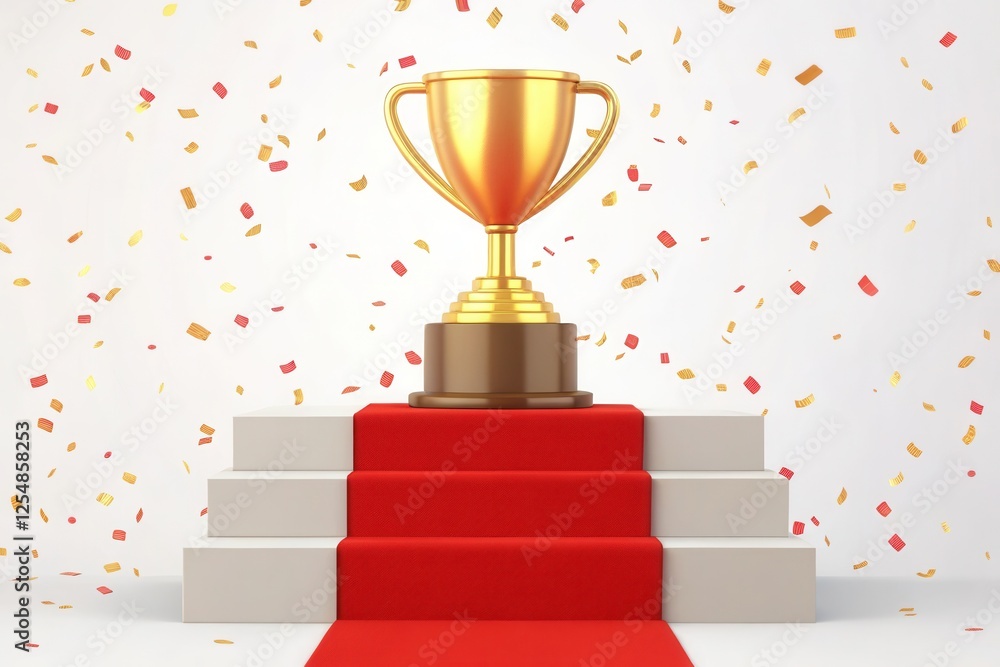 Golden trophy placed on a red carpet podium on white with confetti, First place winner on a red carpet steps pedestal in white background Golden trophy placed on a red carpet podium on white with confetti, First place winner on a red carpet steps pedestal in white background