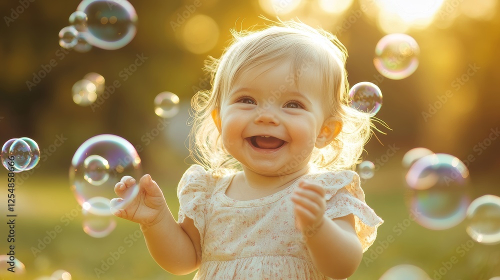 A joyful baby playing with bubbles in a sunlit outdoor setting, capturing pure happiness A joyful baby playing with bubbles in a sunlit outdoor setting, capturing pure happiness