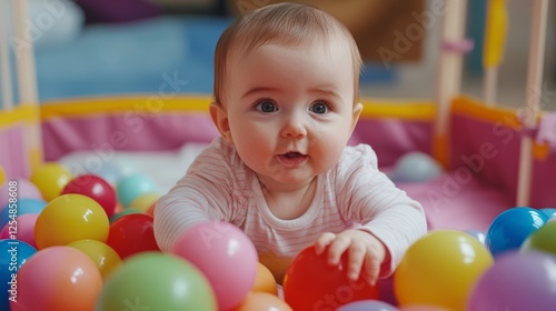 A delighted baby plays with colorful balls in a ball pit, surrounded by vibrant colors and fun