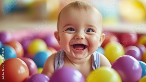 A cheerful baby laughing while playing in a colorful ball pit, enjoying playful fun