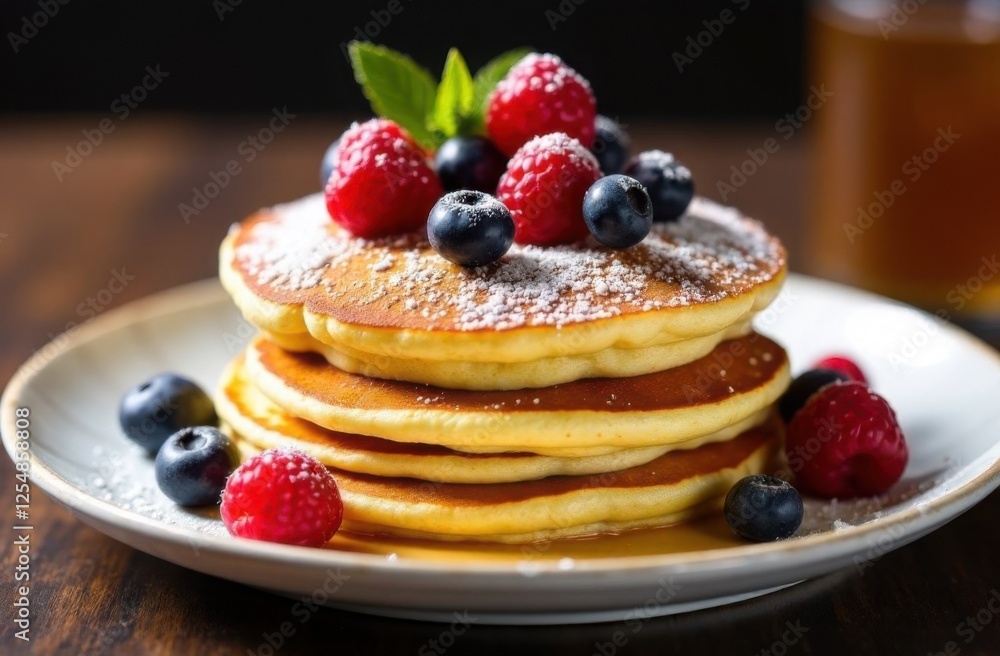Delicious pancakes with berries on plate on the table for breakfast Delicious pancakes with berries on plate on the table for breakfast