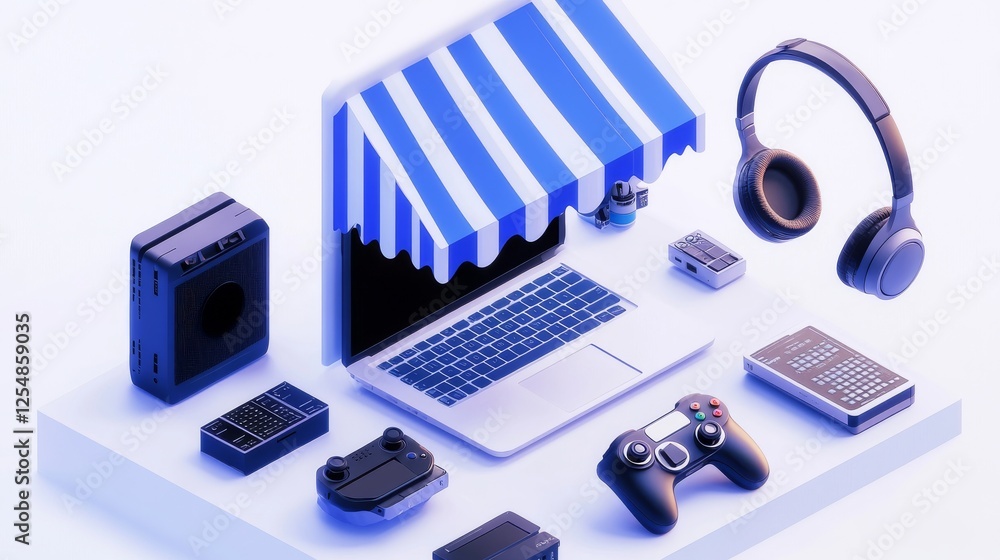 3d render electronics store icon, floating gadgets under blue striped awning, professional dslr camera, gaming controller, wireless headphones, modern laptop, clean white background, isometric design 3d render electronics store icon, floating gadgets under blue striped awning, professional dslr camera, gaming controller, wireless headphones, modern laptop, clean white background, isometric design