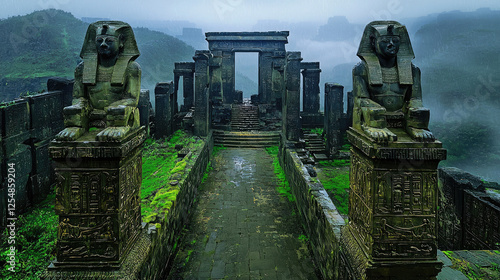 Ancient ruins with lion statues in a misty landscape, evoking mystery and history