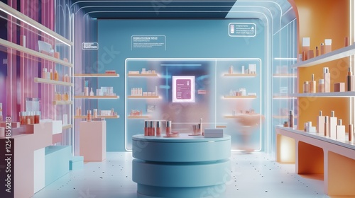 Futuristic virtual cosmetic store shelves and holographic displays showcase beauty products. AI generated