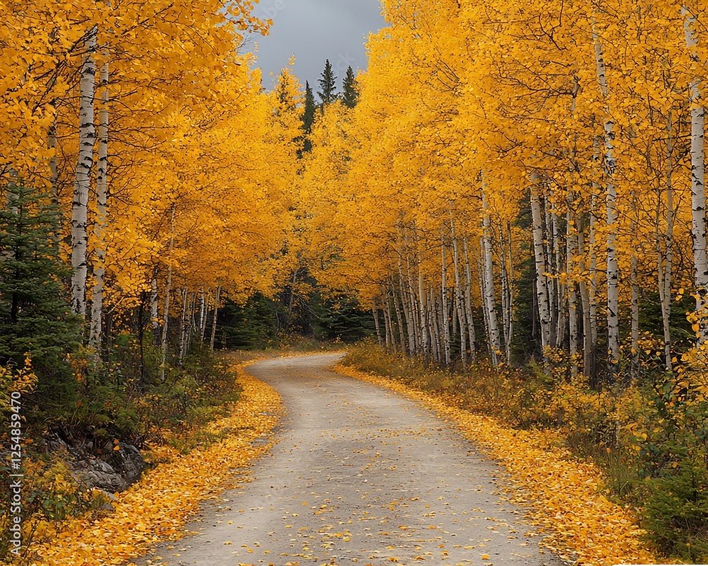 Obraz premium Winding road through autumnal golden aspen trees.