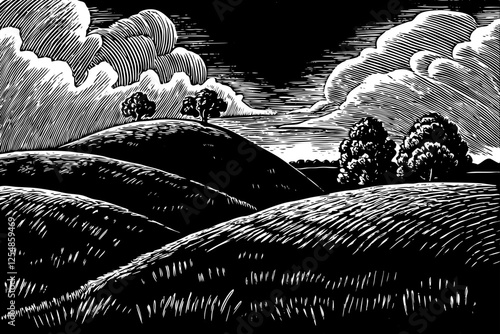 summer hill landscape black and white hand drawn sketch