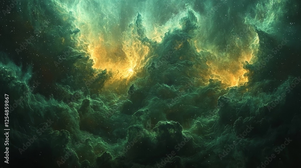 Cosmic Nebula with Vibrant Emerald and Golden Clouds Illuminating the Starry Expanse Cosmic Nebula with Vibrant Emerald and Golden Clouds Illuminating the Starry Expanse