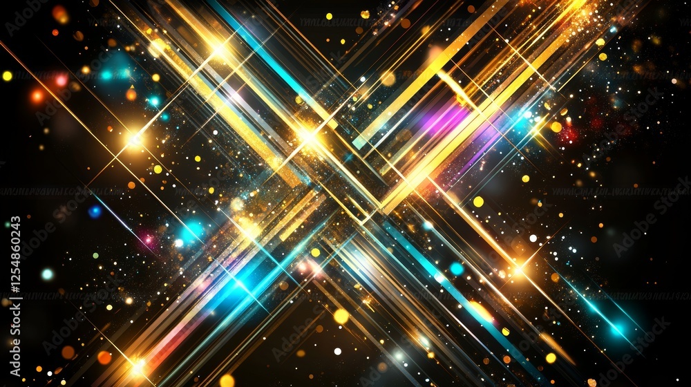 Fototapeta premium Abstract Diagonal Light Streaks With Glittering Particles On Dark Background Display