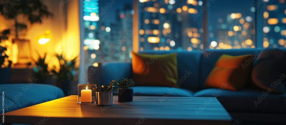 Cozy Night in the City: Candles, Plants, and City Lights
