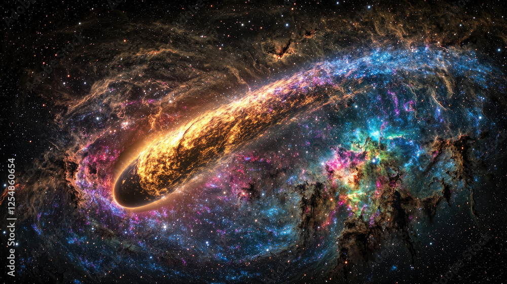 Obraz premium A vibrant cosmic scene depicting a comet streaking through a colorful nebula in space