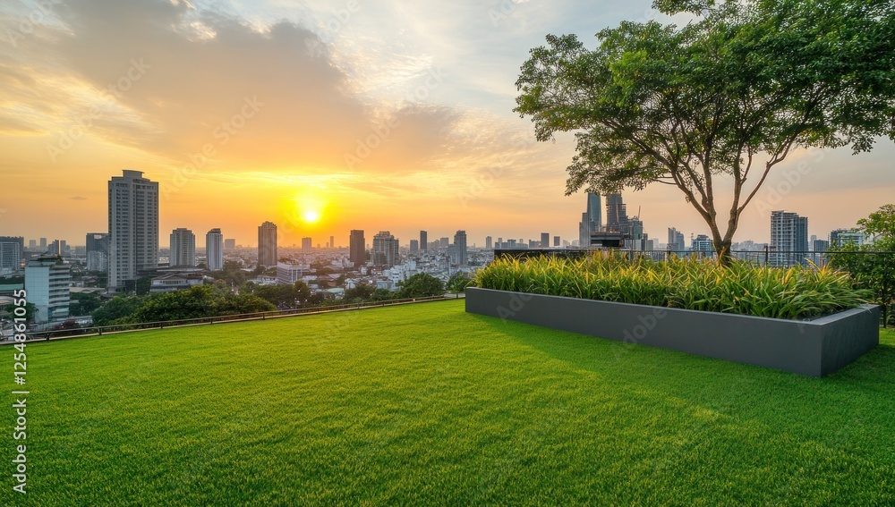Sunset Cityscape View from Rooftop Garden Sunset Cityscape View from Rooftop Garden