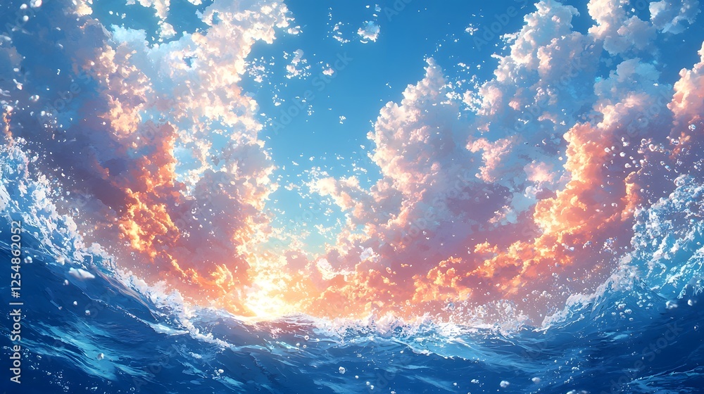Fototapeta premium Peaceful and Vast Underwater Seascape with Golden Sunlight Shimmering Through the Waves Creating a Beautiful Gradient of Blues