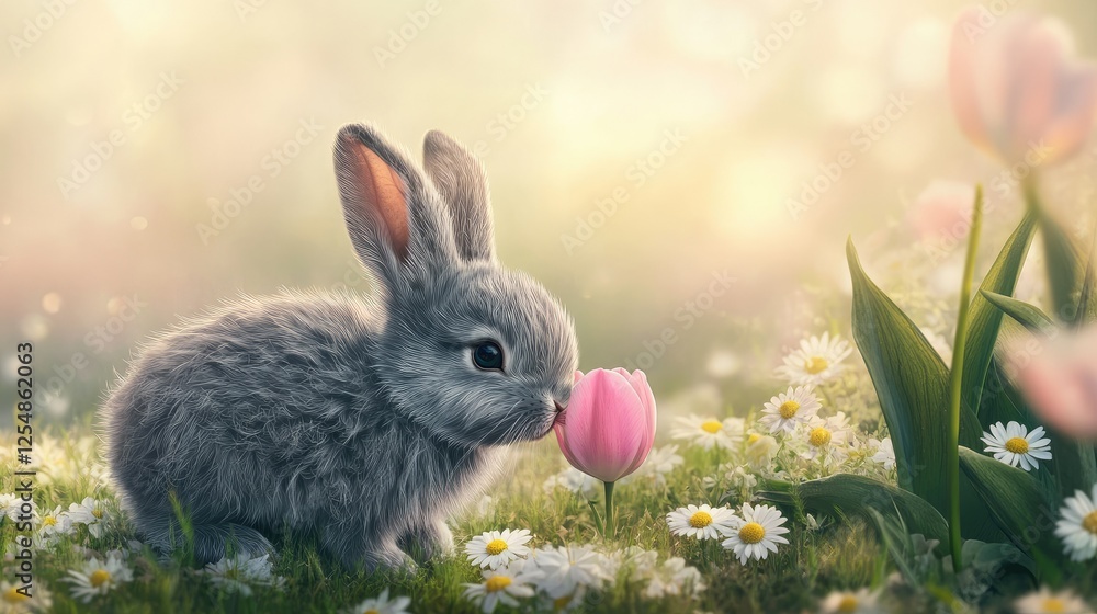 A playful gray bunny with fluffy fur, sniffing a pink tulip on a meadow filled with daisies, with a soft pastel-colored sky in the distance A playful gray bunny with fluffy fur, sniffing a pink tulip on a meadow filled with daisies, with a soft pastel-colored sky in the distance