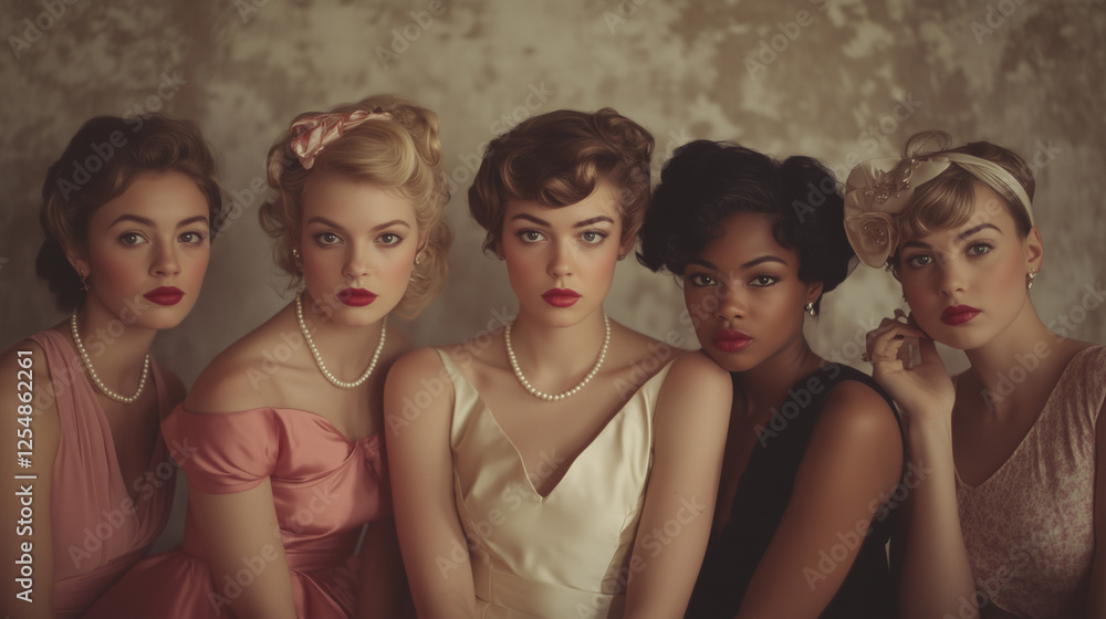 Obraz premium International Women's Day. Elegant group portrait of women styled in classic vintage fashion with pearls, red lipstick, and retro hairstyles against a textured background.