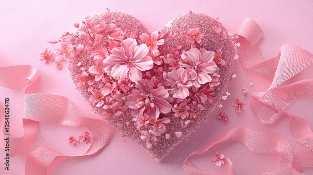 Fototapeta premium A radiant heart-shaped decor piece with pink flowers, glittering details, and delicate ribbons on a smooth pink backdrop.