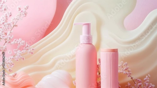 Pink and white background with a pink bottle and a white bottle on a table. The background is pink and white, giving the image a soft and elegant feel
