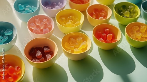 A rainbow of candies, from gummies to hard sweets, artistically displayed in small bowls on a bright table. photo