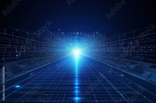 Dynamic Blue Light Beam Accelerating Through Digital Grid Tunnel Creating Futuristic Vibes
