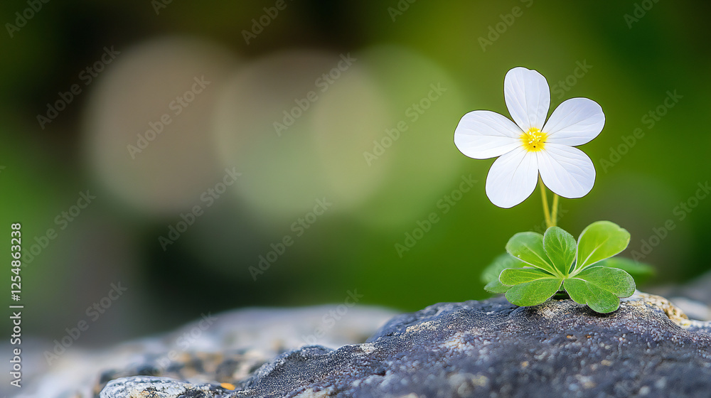 Delicate White Flower Growing on a Rock with a Soft Background