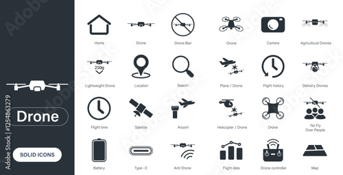 Solid vector icons themed around drones, aviation safety, agricultural drones, and drone bans.