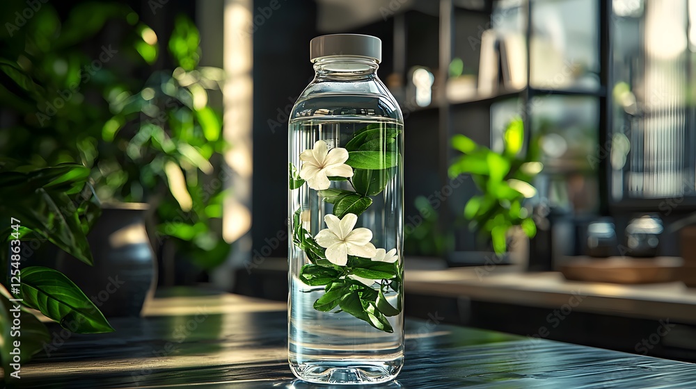 Refreshing Floral Water Bottle Arrangement Indoor Plant Space Photography Bright Environment Close-up View Refreshing Floral Water Bottle Arrangement Indoor Plant Space Photography Bright Environment Close-up View