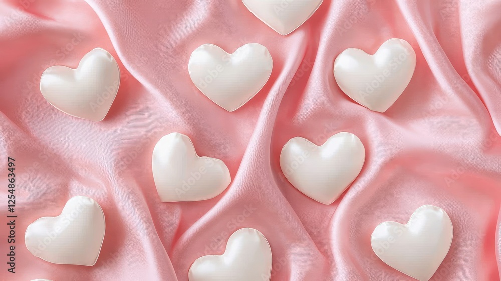 A romantic flat-lay of white satin hearts on a seamless pink satin background, evoking a soft and cozy feel A romantic flat-lay of white satin hearts on a seamless pink satin background, evoking a soft and cozy feel