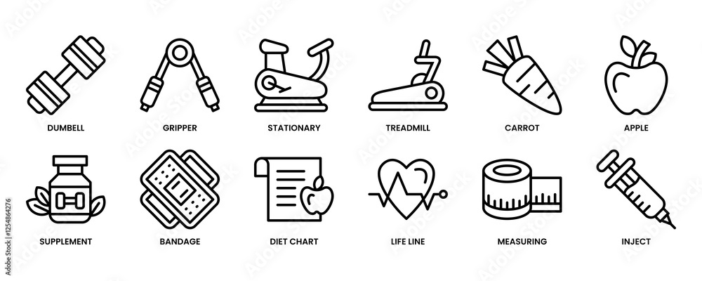Naklejka premium Icon set for health and fitness theme. Sports equipment and healthy food for a fit life.