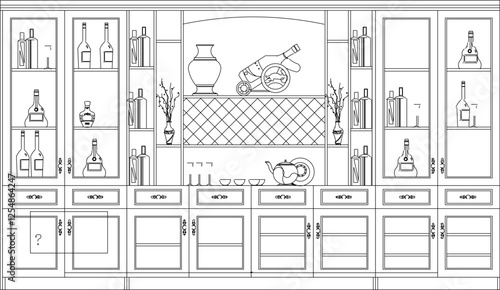 vector sketch illustration silhouette design furniture classic vintage ethnic modern wine cabinet and wine bottle