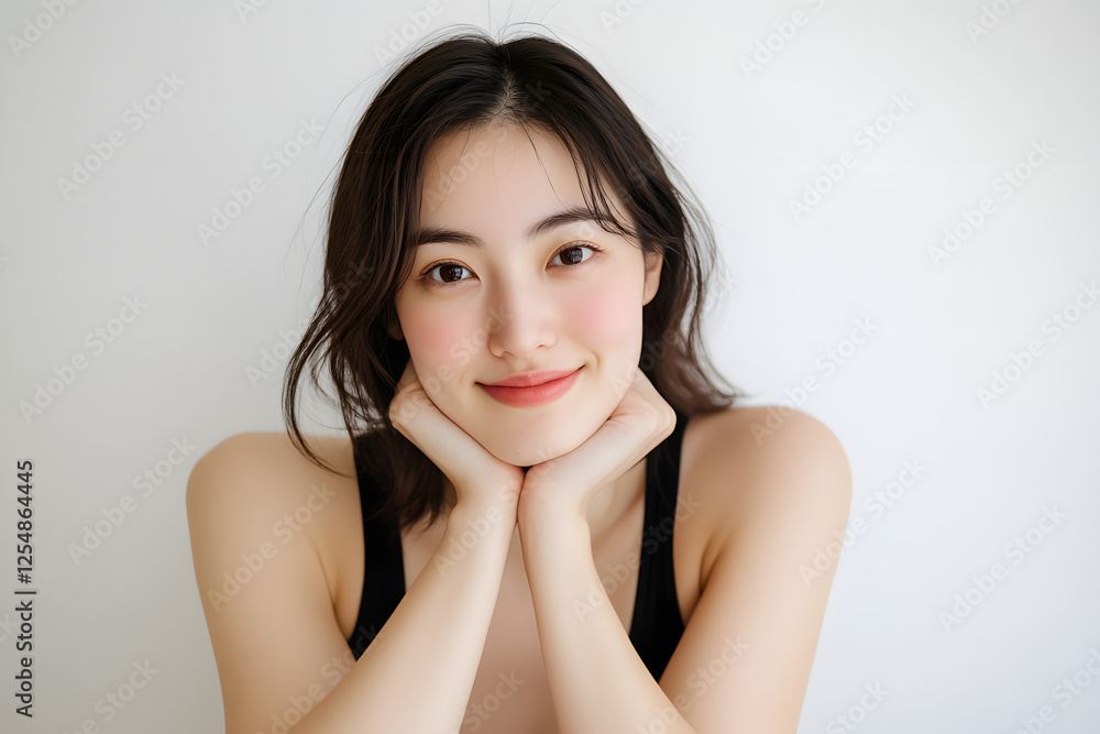 Beautiful Japanese woman in her late thirties, wearing a black tank top, posing for the camera with her hands on her chin and smiling softly Beautiful Japanese woman in her late thirties, wearing a black tank top, posing for the camera with her hands on her chin and smiling softly