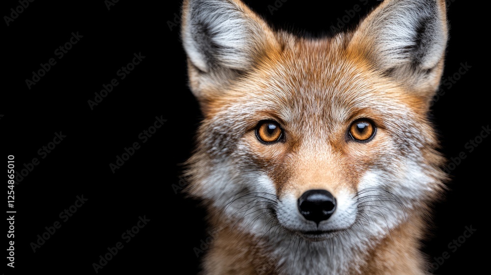 Fototapeta premium Close-up portrait of a fox against black background. Possible use Educational material, wildlife publications
