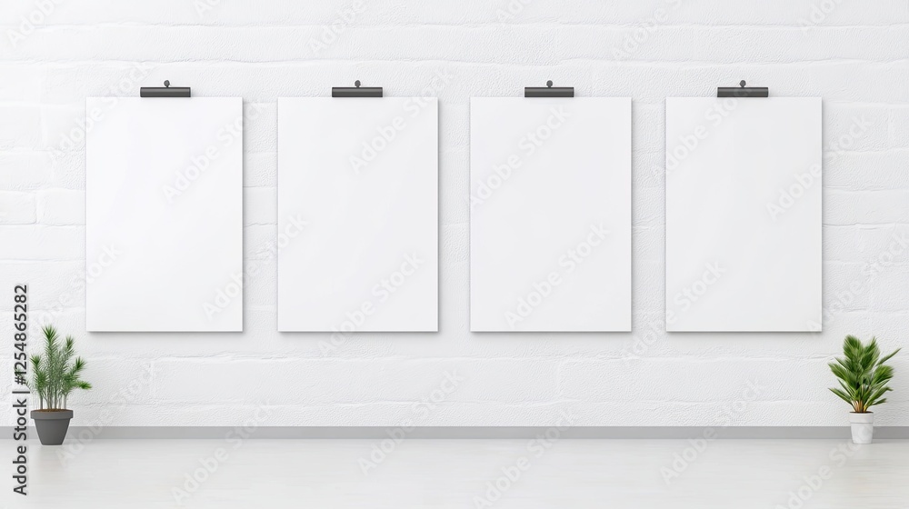 Minimalist gallery space with four blank canvases on the wall and potted plants in the foreground