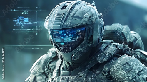 Futuristic soldier in full tactical gear with heads up display