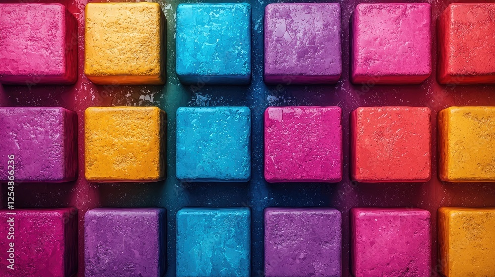 Colorful geometric blocks arranged in a grid pattern, showcasing vibrant hues and textures Colorful geometric blocks arranged in a grid pattern, showcasing vibrant hues and textures