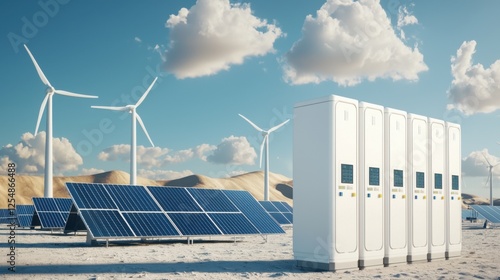 Large Solar Farm with Energy Storage Units and Wind Turbines
