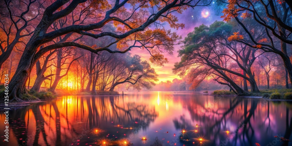 Tranquil Evening Reflection in a Vibrant Forest Landscape Tranquil Evening Reflection in a Vibrant Forest Landscape