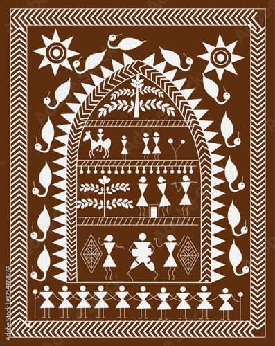 Illustration of Indian Tribal Painting on dark background. Warli Art Vector Design.
