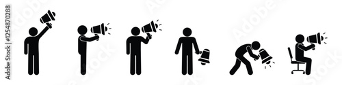 set of icons man with megaphone, loudspeaker isolated, silhouette human, people speak loudly stick figure person, stickman director