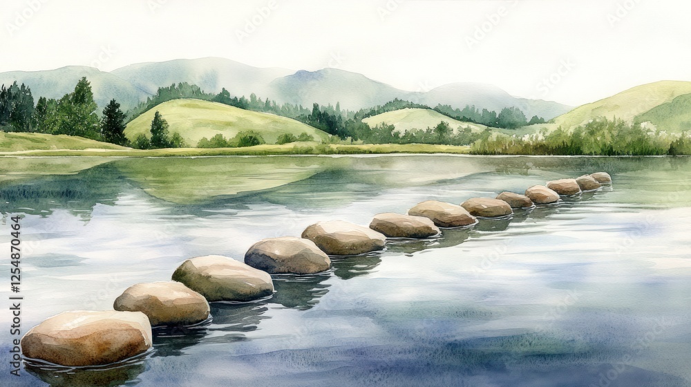Fototapeta premium Tranquil lake, stepping stones path, scenic hills, calm water, nature meditation
