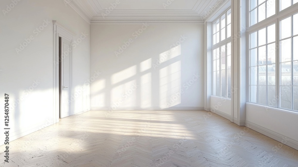 Obraz premium A serene, empty room features large windows allowing warm sunlight to pour in, creating a calm atmosphere. The wooden floor enhances the room's minimalist design