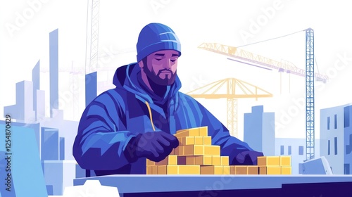 Construction Worker Arranging Gold Bricks, Urban Background, Illustration, Stock Photo photo