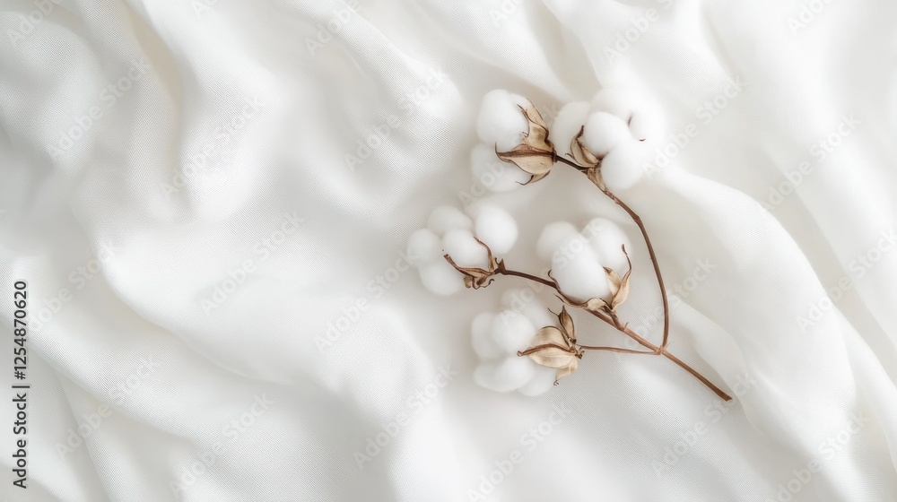 Delicate Cotton Branch on Soft White Fabric Background Delicate Cotton Branch on Soft White Fabric Background