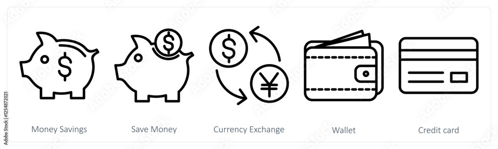 Obraz premium A set of 5 business icons as money savings, save money, currency exchange